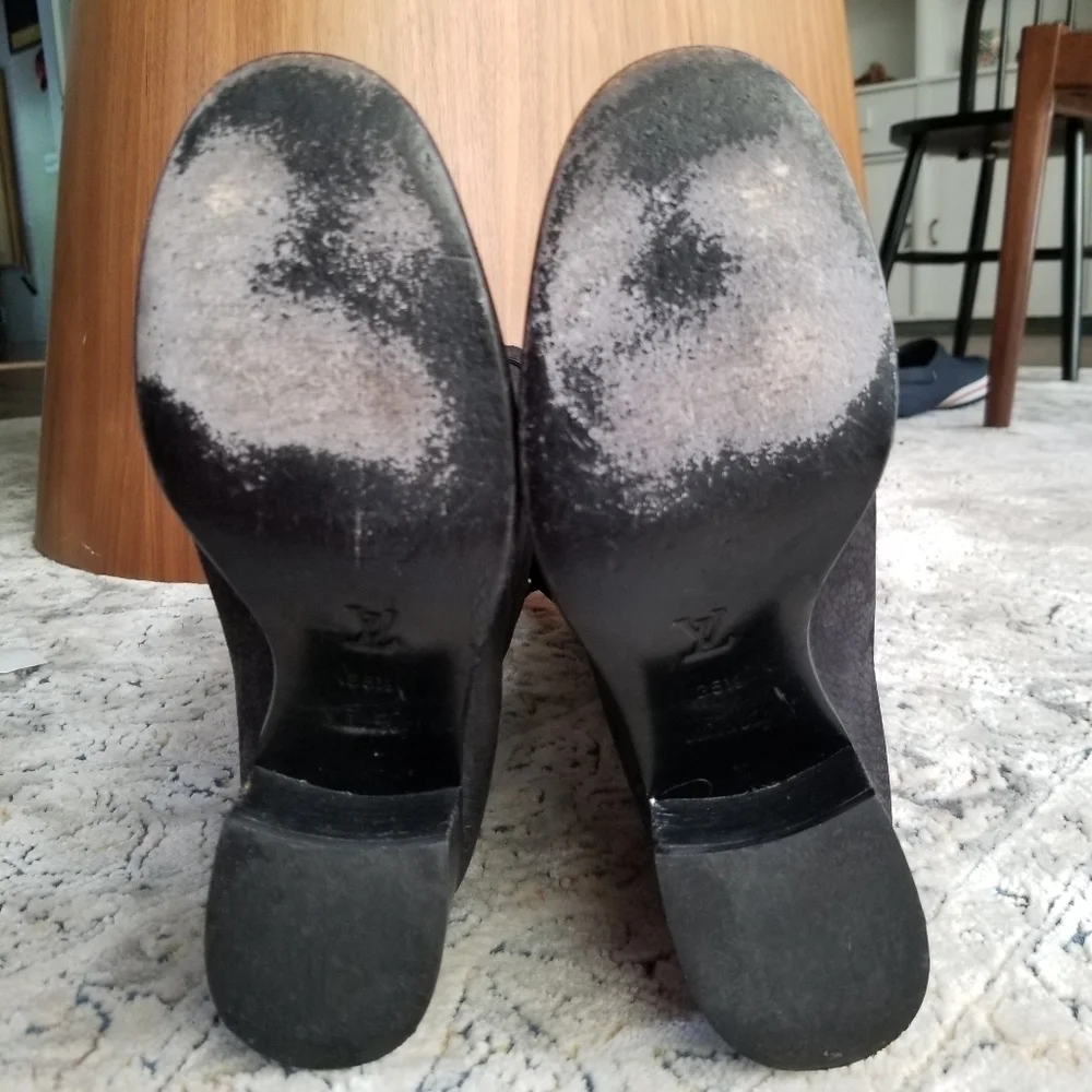 LOUIS VUITTON Black Grained Leather Suede Knee High Boots 35.5 - Picture 14 of 17